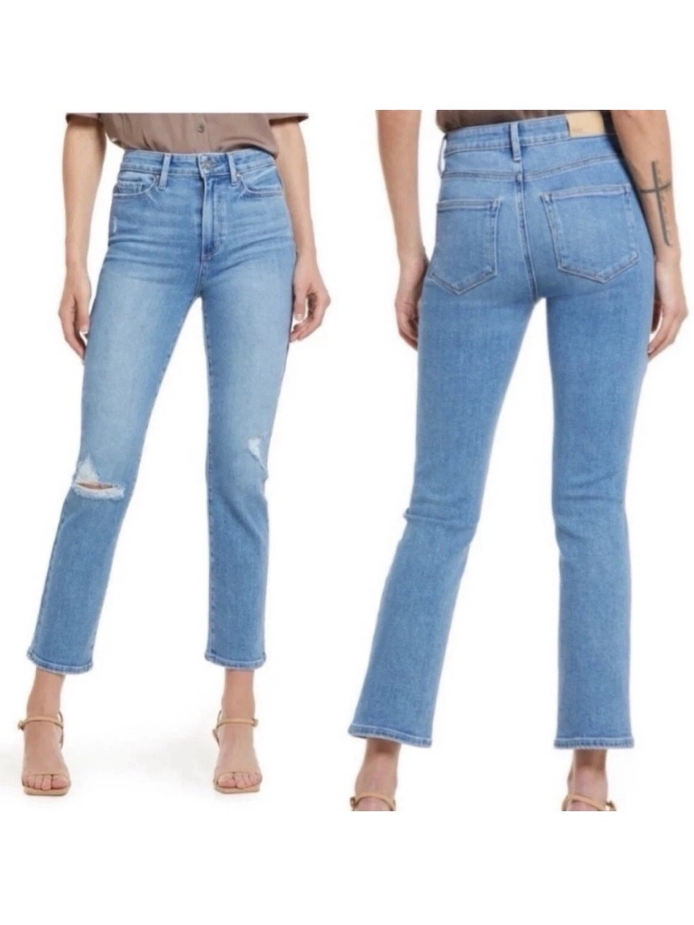 PAIGE Women Cindy Straight Leg Jeans Stretch Denim Speak Easy Destructed Blue 27